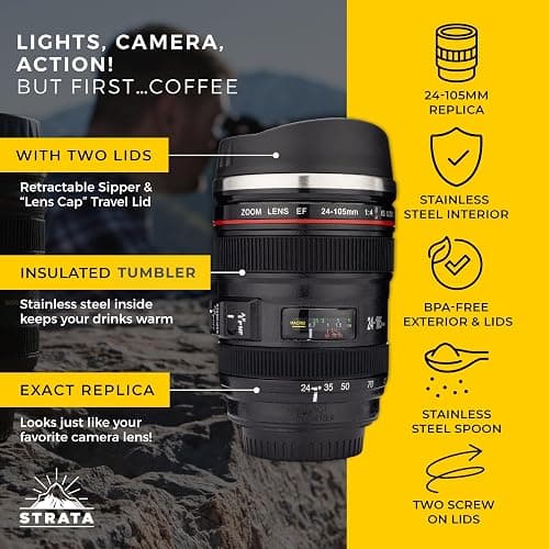 STRATA CUPS Camera Lens Coffee Mug -13.5oz | (2 LIDS + SPOON + BAG) Gift for Him, Dad Gifts, Photography, Camera accessories, Novelty Gifts thumbnail 6