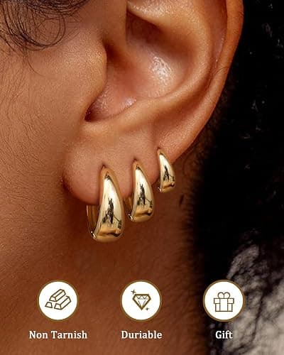 BESTEEL 3Pairs 14K Gold Plated Hoop Earrings Set for Women Chunky Earring Silver Plated Hypoallergenic Small Huggie Hoops Lightweight Tiny Thick Trendy Hoop Earrings Stacks for Multiple Piercing thumbnail 2
