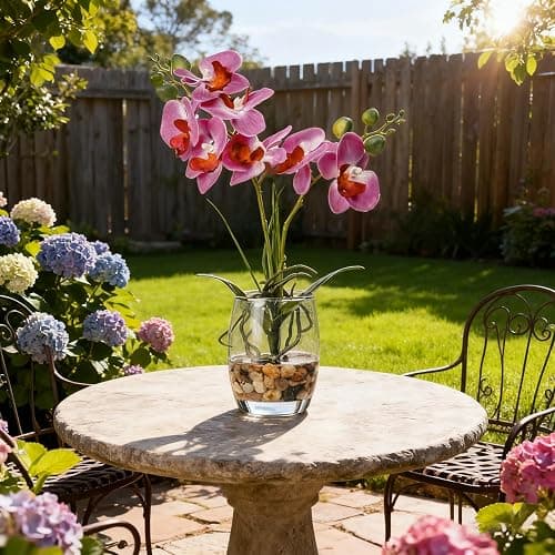 Artificial Purple Orchid in Glass Vase, Lifelike No-Maintenance Decor | Phalaenopsis Arrangement, 14.5 Inch Centerpiece for Home Office Table Decor, Realistic Faux Orchid with Potting thumbnail 4