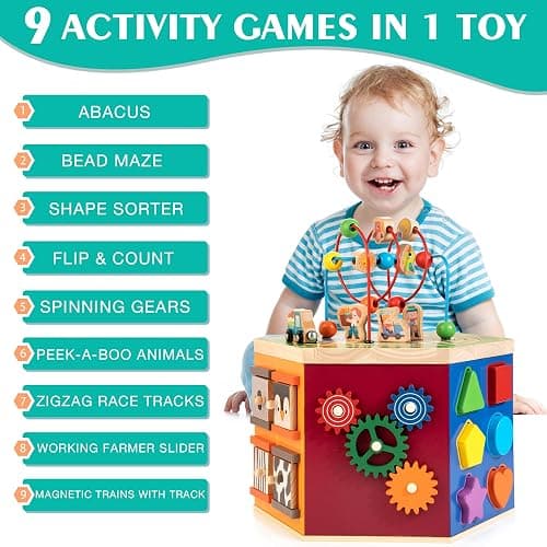 Large Activity Cube, 9-in-1 Farm-Themed Wooden Play Center, Multipurpose Montessori Toy for 1-2 Year Old Baby Toddler Kid, First Birthday Gift | Bonus Magnetic Train Cars thumbnail 4