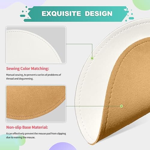 Mouse Pad，Round Mouse Pad，PU Mouse Pad，Leather Mouse Pad with Stitched Edge Micro-Fiber Base with Non-Slip Waterproof，Mouse Pad for Computers，Laptop，9 x 9 Inch (Lily White) thumbnail 3