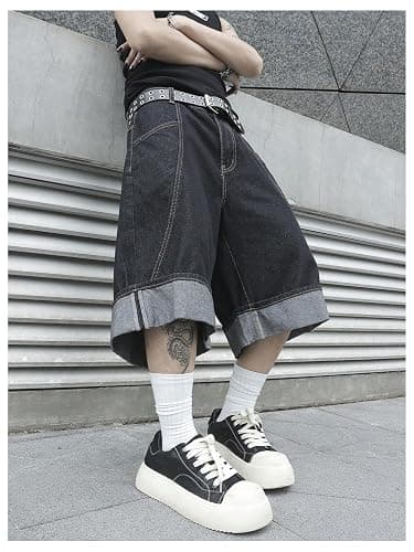 VIPWOLF Men's Jorts Y2K Jean Shorts Wide Leg Grunge Streetwear Bermuda Roll Up Hem Baggy Denim Shorts thumbnail 2