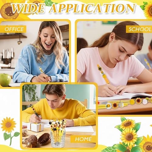 Geyee 12 Set Plastic Beadable Pens Assorted Bead Pens Crystal Wood Round Spacer Set Black Ink DIY Ballpoint for Women Men Gift Office Supplies(Sunflower) thumbnail 5