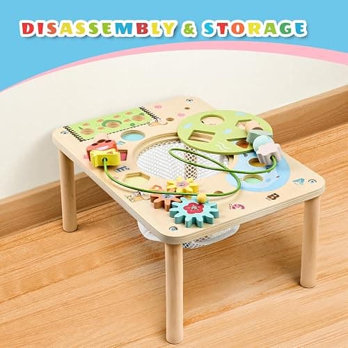 wingyz Activity Table, 6 in 1 Wooden Montessori Activity Center with Bead Maze Shape Sorter Fishing Game, Kids Sensory Play Table Toddler Toys 1st Birthday Gifts Boy Girl(Morandi-Square) thumbnail 7