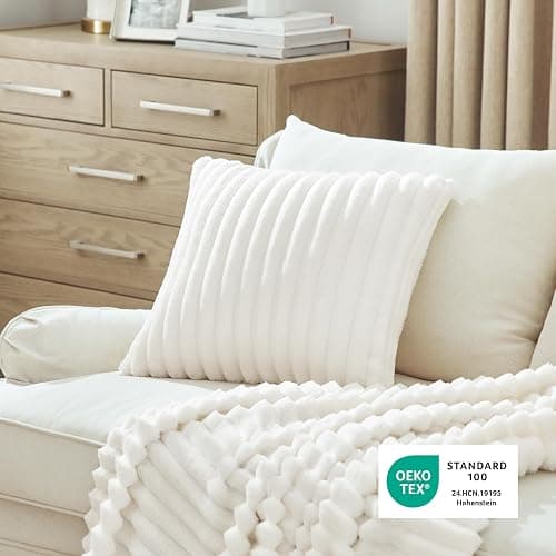 Bedsure Double-Side Striped Decorative Throw Pillow Covers 18x18 Set of 2, Spring White Fluffy Soft Pillow Covers, Home Decor for Couch Sofa Living Room Bedroom thumbnail 3