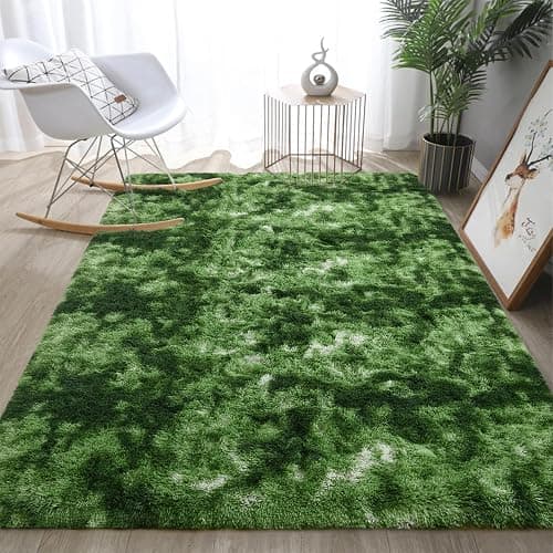 DweIke Fluffy Dark Green Rugs for Bedroom Living Room, 4x6 Feet Soft Plush Shaggy Tie-Dyed Forest Moss Green Girls Boys Kids Rug, Non-Slip and Machine Washable Carpet for Dorm Nursery Decor thumbnail 9