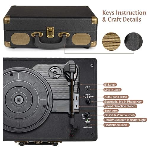 Retrolife® Vinyl Record Player with Speakers, Bluetooth Vinyl Player-Black | Portable, 3-Speed BT Turntable, Belt-Driven, RCA Line Out & Headphone Jack, Auto Stop, Plays 7/10/12" Records, 33/45/78 RPM thumbnail 4