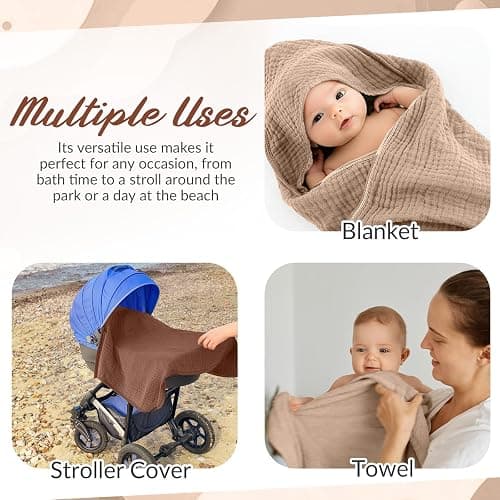 6 Pcs Muslin Hooded Bath Towels Washcloths Bibs Set,Dark Brown, Khaki | Cotton Baby Towels, Absorbent Hooded Blanket Towel, Bibs for Boys Girls Newborn Infant Essential Gifts thumbnail 4