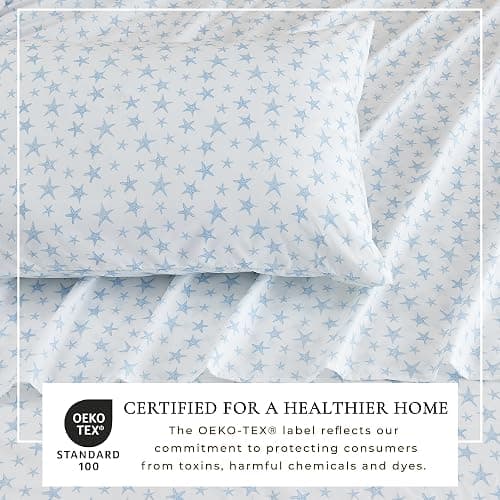 Great Bay Home Full Coastal Microfiber Sheet Set - 4-Piece Nautical-Printed, Ultra-Soft Sheets - Beach-Themed Bedding Sheets & Pillowcases (Starfish - Blue) thumbnail 3