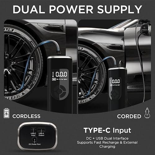 StartPro Tire Inflator Portable Air Compressor, 150PSI Cordless Air Pump, Dual Power Suply, LED Display, Flashlight, Auto Shut-Off, Fast Inflation for Car, Motorcycle, Bike, and Sports Equipment thumbnail 5