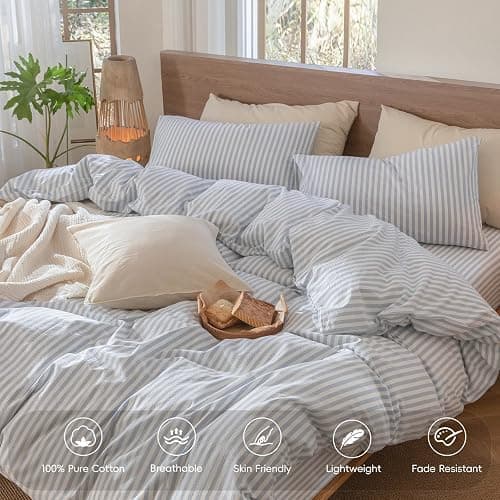MooMee Striped Duvet Cover Set 100% Washed Cotton Linen Like Textured Breathable Durable Soft Comfy (Cornflower Blue White Classic Stripes, Twin 68"x90") thumbnail 3
