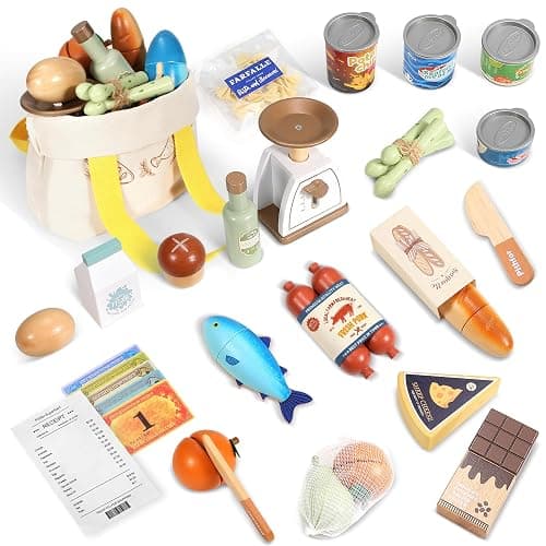 Pithfor Wooden Play Food Set for Kids Toddlers, Grocery Store Pretend Play Food, Pretend Grocery Shopping & Play Kitchen Accessories for Boys Girls - Image 1