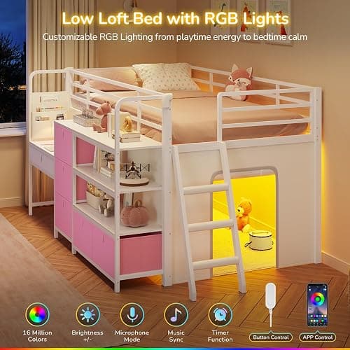 Low Loft Bed Twin Size with Desk, 6 Storage Drawers & Bookshelf, Kids Loft Bed with LED Lights & Under-Bed Play Space, Heavy Duty Metal Bed Frame with 13.8"H Safety Guardrail & Ladder, White and Pink thumbnail 5