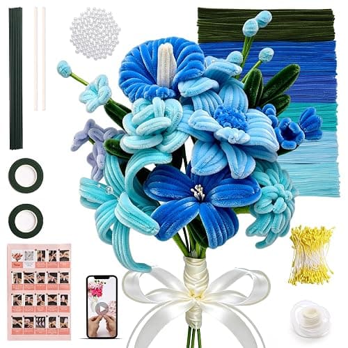 600 PCS Blue Pipe Cleaners Craft Bulk, 6 Pastel Colors Pipe Cleaner Flower Kit, Chenille Stems with Instructions, Floral Wires, Gardening Tape, Stamen, DIY Art and Craft Supplies(Blue Gradient) - Image 1
