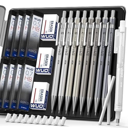 WUO 0.5&0.7mm Mechanical Pencil Set with Eraser Pen, 8PCS Metal Mechanical Pencils, 480 HB Lead Refills, 3PCS 4B Erasers, 10PCS Eraser Refills for Writing, Drafting, Drawing & Sketching - Image 1