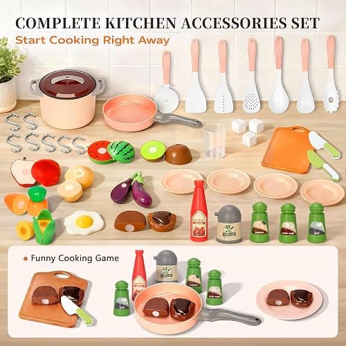 Play Kitchen for Kids, Wooden Pretend Toy Kitchen Set with Appliances & Smart Storage, Kids Kitchen Playset with 49 Toy Food & Cookware Accessories for Toddlers, Stove, Play Sink, Gift for Ages 3+ thumbnail 3