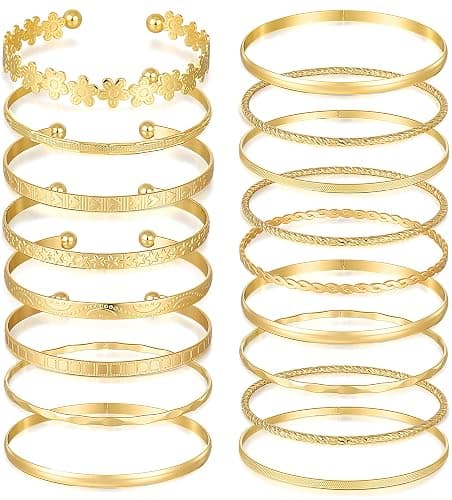 FAXHION Gold Bangle Bracelets for Women, 14 Pcs Multi Layer Stackable Bangle Set, 14K Gold Plated Textured Chunky Bracelets Boho Jewelrys Set - Image 1