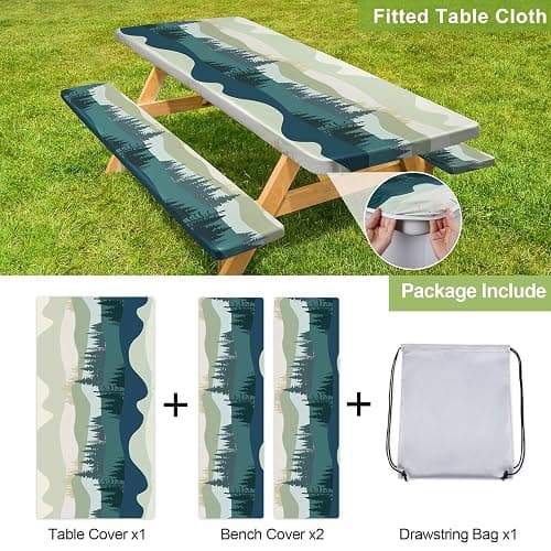 Picnic Table Cover with Bench Covers Camping Essentials Waterproof Windproof Camping Tablecloth with Drawstring Bag, Fitted Rectangle Tables and Seats, 72in, Green Blue thumbnail 4