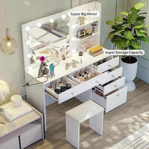 VOWNER 47" Vanity with Outlet - Makeup Vanity Desk with Mirror, Storage Shelves and 6 Drawers, 3-Color Light, Makeup Desk Set with Stool for Bedroom, White thumbnail 3