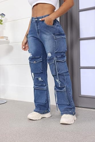 Ryehack Women’s Baggy Jeans Y2k Cargo Jeans Casual High Waist Baggy Denim Cargo Pants with Pockets Streetwear thumbnail 5