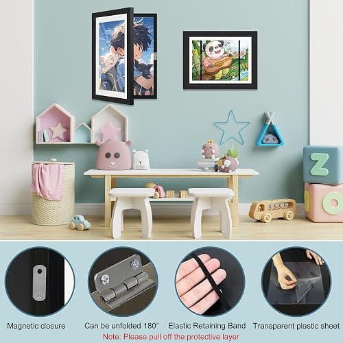 Kids Artwork Display Frame, 2 Pack A4 Kids Art Frames, Fillable Front Opening Picture Frames for Multiple Pictures(50-100), Mount for Hang or Stand Display Children's Drawings, Art Projects, Black thumbnail 6