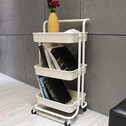 Piowio 3 Tier Utility Rolling Cart Multifunction Organizer Shelf Storage Cart with 3 Pieces Cups and 8 Pieces Hooks for Home Kitchen Bathroom Laundry Room Office Store etc. (White) thumbnail 2