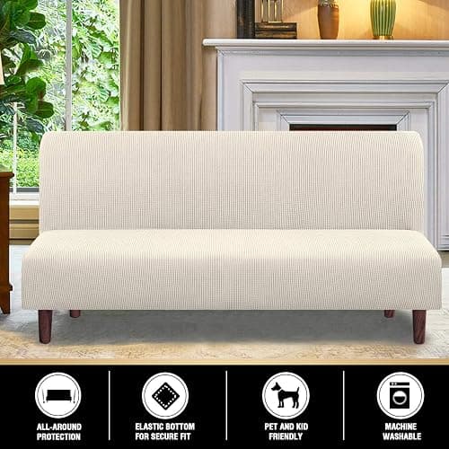 PrinceDeco Stretch Armless Futon Cover Futon Slipcover Full Queen Size Couch Cover Futon Sofa Bed Cover Furniture Protector with Elastic Bottom, Machine Washable, Biscotti Beige thumbnail 6
