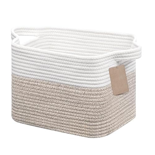 JOJOSEE Woven Storage Basket, Cotton Rope Basket for Shelves Toys Organizer, Square Storage Baskets for Books, Shoes, Decorative Gift Baskets for Home Bathroom Organizer 33x25x22.5cm (White&Brown) - Image 1