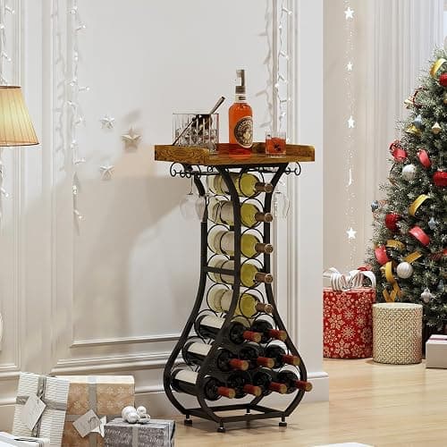X-cosrack Wine Rack Freestanding Floor, Mini Bar Table Wine Holder Stand Liquor Cabinet with Glass Holder Wood Tabletop 14 Bottles Floor Wine Storage for Home Bar Kitchen Living Room (Patent Pending) thumbnail 7