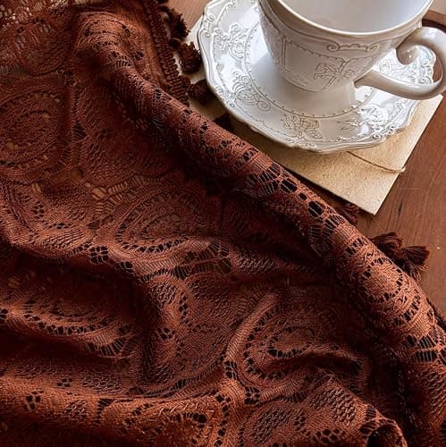 YJ YANJUN Boho Lace Curtains 54 inch Length 2 Panels -Vintage Floral Crochet Sheer Panels with Tassel for Living Room Bedroom Light Filtering Neutral Rustic Fall Winter Drapes Caramel Brown W59 x L54 thumbnail 4