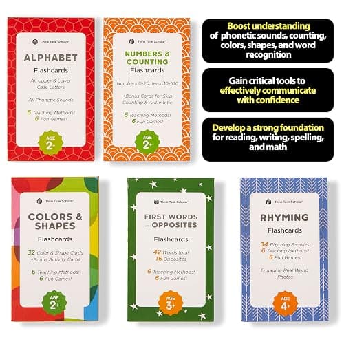 Award-Winning Flash Cards for Preschool & Kindergarten – 5-Deck Set, 180 Jumbo Cards – Learn Alphabet, Numbers, Colors, Shapes, First Words, Opposites & Rhyming – for Kids Ages 2–5 thumbnail 3