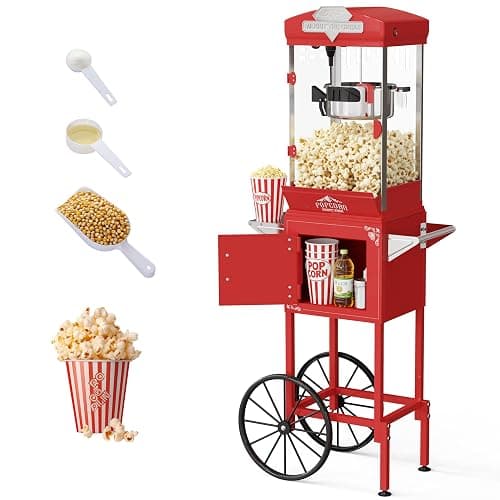 HUGROVE 10oz Popcorn Machine with Cart, 480W Vintage Popcorn Maker for Home Cinema, Professional Stainless Steel Kettle, One-Touch Operation Popper for Game Day (Light Red) (Light Red) - Image 1
