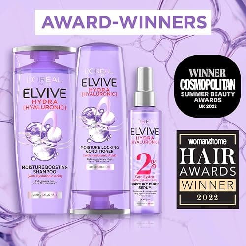 L'Oreal Paris Elvive Hydra Hyaluronic Shampoo, Conditioner and Serum Set with Hyaluronic Acid, Hair Care Treatment with Anti Frizz Spray for Dry Hair, Shampoo 500ml, Conditioner 400ml, Serum 150ml thumbnail 2