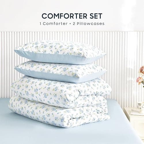 Wake In Cloud - Floral Comforter Set, Coquette Cottagecore Aesthetic Flower Shabby Chic Pattern for Women Teen Girls, Soft Lightweight Bedding, 3 Pieces, White Blue, Queen Size thumbnail 3