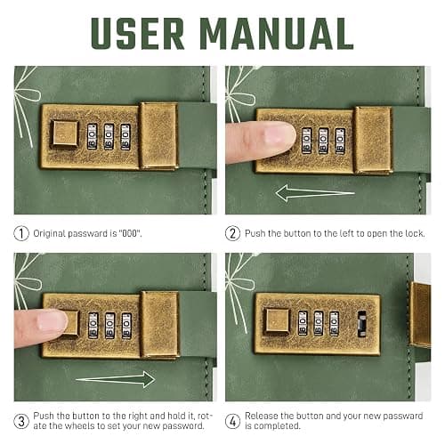Ovesmusl Diary with Lock for Girls A5 Leather Diary for Women 260 Pages 100 GSM Refillable Journal with Lock for Teens Secrets Flower Journals with Combination Passwords, 5.7"x8.3", Green thumbnail 6