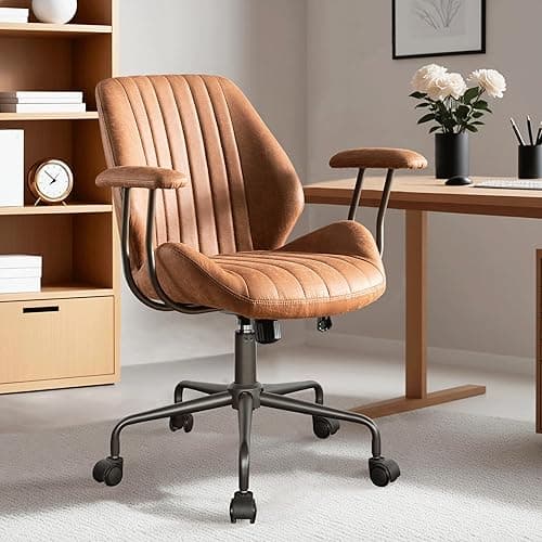 ovios Ergonomic Home Office Chair, Mid-Century Modern Faux Leather Chairs with Padded Armrests, Comfy Mid Back Swivel Rolling Executive Computer Armchair (Brown, Suede Leather) - Mid Back - Brown, Suede Leather