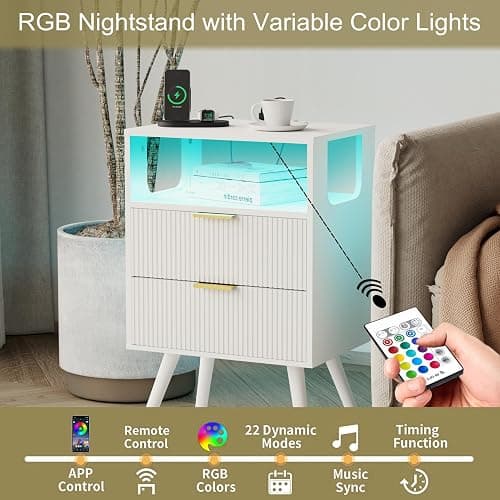 JOONEE White Nightstand with Charging Station and LED Lights,Modern Bedside Table with 2 Storage Drawer and Open Wood Shelf, for Bedroom and Small Spaces,Night Stand with Solid Wood Legs,White thumbnail 5