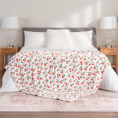 Berkshire Blanket-Classic Heavyweight Soft Printed VelvetLoft® Plush Blanket, Full/Queen Size Soft Fuzzy Warm Blanket for Couch Sofa Bed, Cherries Toss White, 90in x 90in thumbnail 6