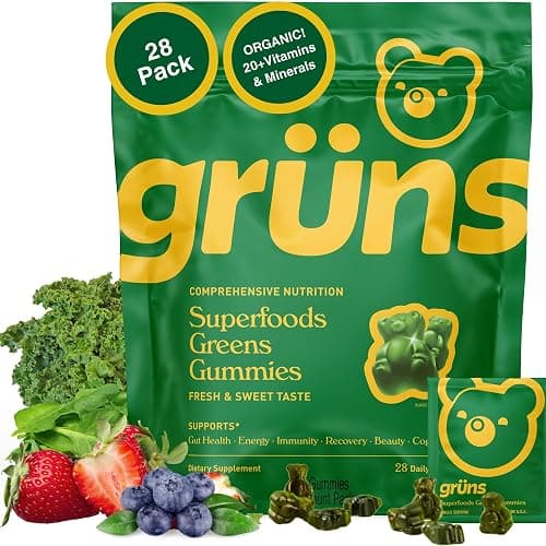 Gruns Adults Super Greens Multivitamin Gummies, Superfood Vitamin Gummy Bears with Spirulina, Chlorella, Prebiotic Fiber for Digestive Health, Adaptogens Supplement, 20 Vitamins & Minerals, 28 Count - Image 1