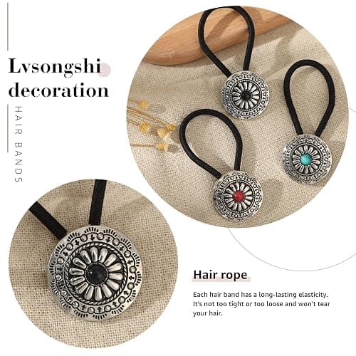 3PCS Metal Western Style Ponytail Holders, Retro Hair Ties for Women, Vintage Squash Blossom Hair Ropes Boho Hair Decoration for Women Girls(Circular) - Circular thumbnail 3