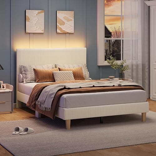 Bestier Full Bed Frame with Adjustable Headboard, LED Lighting, Vertical Channel Tufted Corduroy Upholstered, Solid Wooden Slats Support, No Box Spring Needed, Never Squeaks, Easy Assembly, Beige thumbnail 7