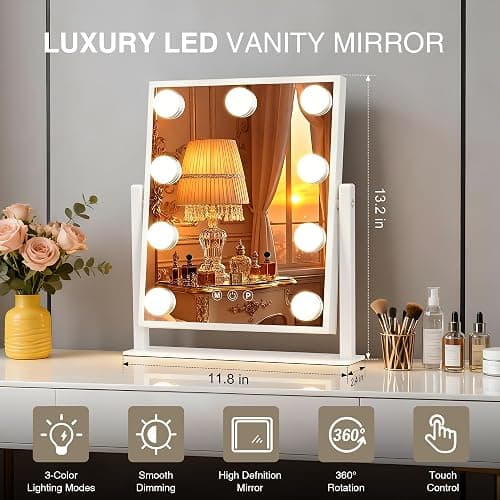 Makeup mirror with lights,Hollywood Vanity Mirror with 9 LED Bulbs，12" x 13.2" Plug in Makeup Mirror for Desk,Smart Touch Control 3Colors Dimmable, light up mirror for makeup,Bedroom,Tabletop,White thumbnail 2