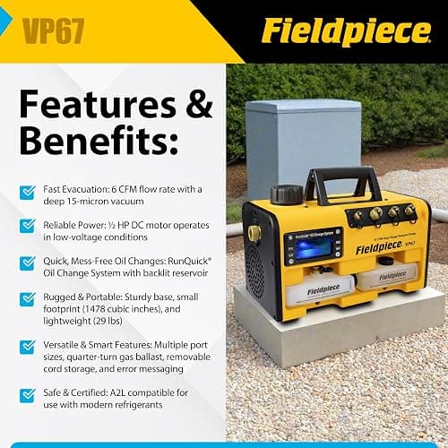 Fieldpiece VP67 Vacuum Pump – 6 CFM, 1/2 HP DC Motor, RunQuick Oil Change System – Portable - Professional HVAC Tool - A2L Compatible thumbnail 2