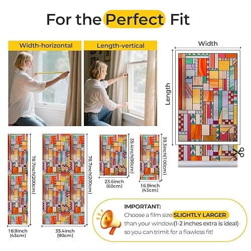 OHTMERU 3D Stained Glass Window Privacy Film, Heat Control UV Blocking Static Cling Decorative Window Film for Bathroom,Front Door,Home Non Adhesive,16.9 x 39.3 inches Autumn Reverie thumbnail 2