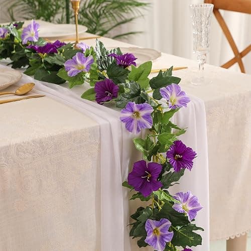 Floweroyal 6 Pack Artificial Flower Garlands 15.8FT Fake Morning Glory Vines Silk Flowers Hanging Garland Ivy for Wedding Arch Party Home Garden Wall Decor (Purple) thumbnail 4