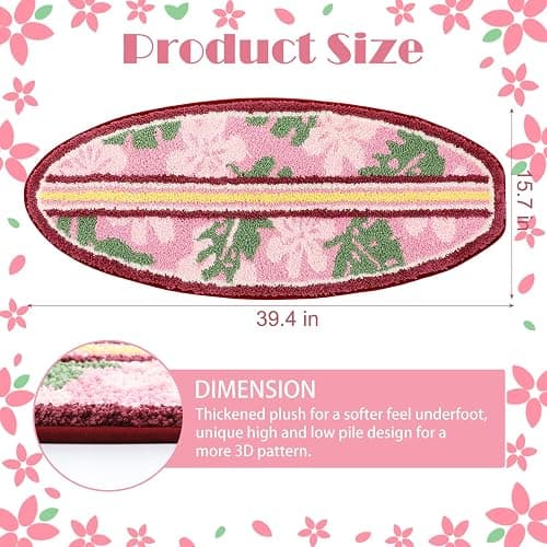 Dunzy Pink Hibiscus Bathroom Rug Cute Surfboard Shaped Bath Mat Non-Slip Flocking Bathtub Rug for Tropical Living Room Bedroom Decor thumbnail 2