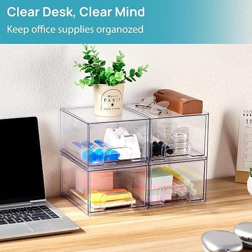 Vtopmart 4 Pack Clear Makeup Organiser, Acrylic Small Stackable Storage Drawers, Plastic Storage Box For Vanity, Bathroom, Under Sink, Kitchen Cupboard, Pantry, Home Organization | Plastic, Suitable for Bathroom, Kitchen and Under Sink for Cosmetics and Snacks, with Non-Slip Mat thumbnail 6