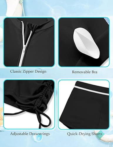 TyeSmo Girls Swimsuit Rash Guard Bathing Suit for Girls 2 Piece Short Sleeve Solid Color UPF 50+ Padded Zip Swimwear 7-14y thumbnail 6
