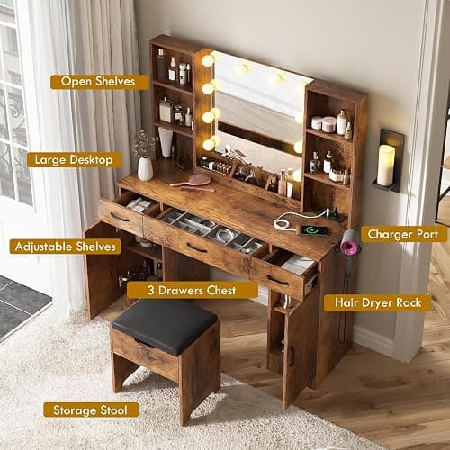 Vabches Makeup Vanity Desk with Lighted Mirror & Power Strip, Large Brown Vanity Table Set Rustic Farmhouse Style with Storage Stool, 3 Lighting Modes, Brightness Adjustable, 45.2in (W) thumbnail 4