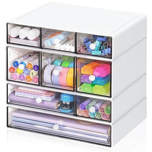 FODIENS Desk Storage Organizer with 9 Drawers, 4 Tiers Stackable Desktop Craft Storage Drawers, Clear Storage Box Caddy for Stationary Makeup Jewelry Office Craft Supplies (White) - Image 1